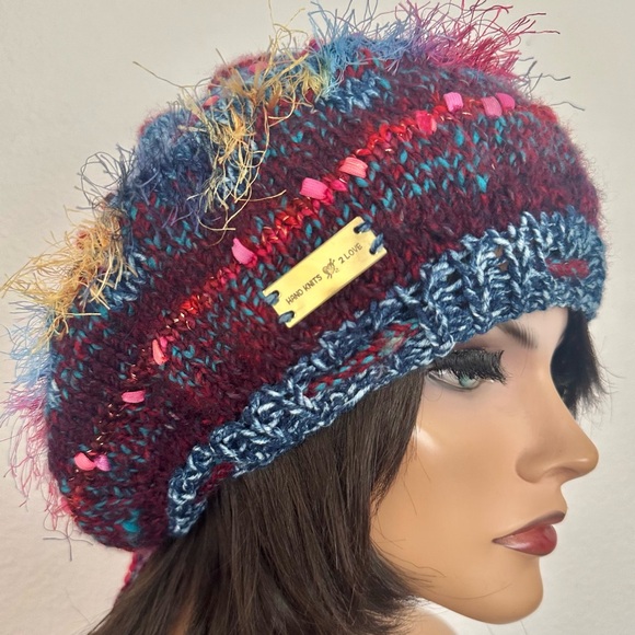 “Hand Knits 2 Love” Slouch Tam Beanie Hat Adjustable Fit Decorative Beads Boho - Picture 7 of 10